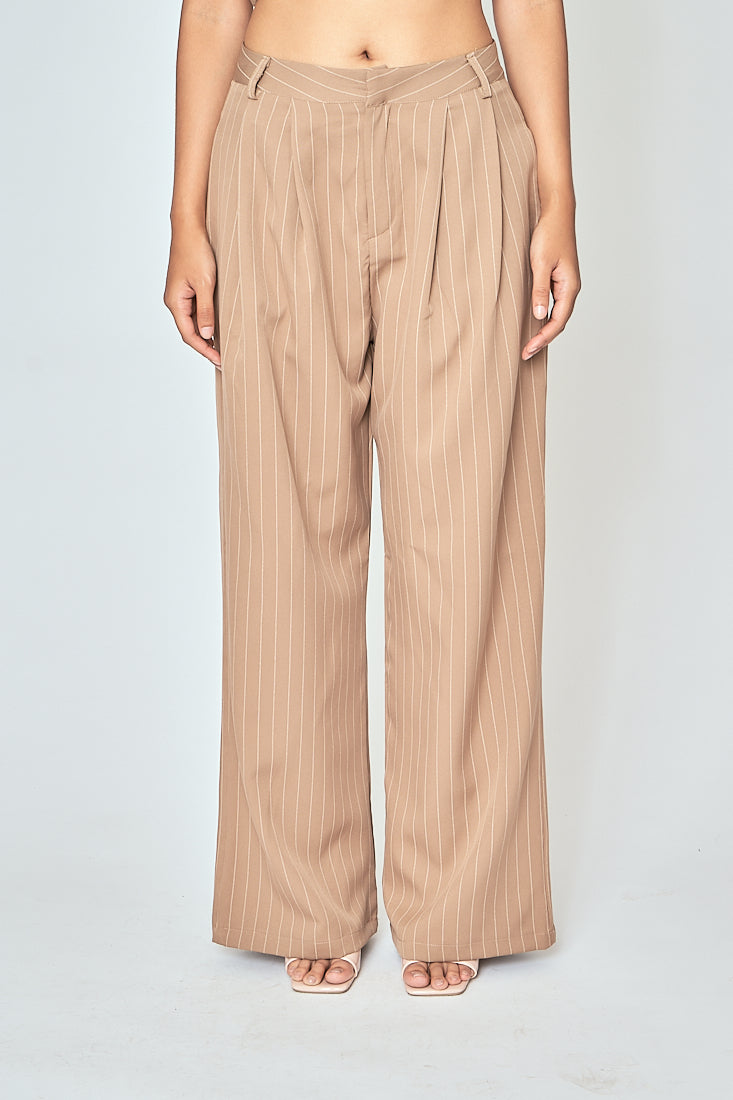 Drake Khaki Stripes Zipper Fly Pleated Wide Leg Pants