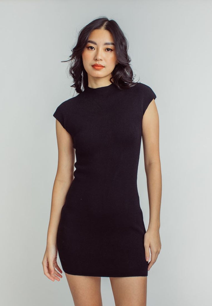 Nora Black Knitted Turtle Neck Short Sleeves Bodycon Mini Dress