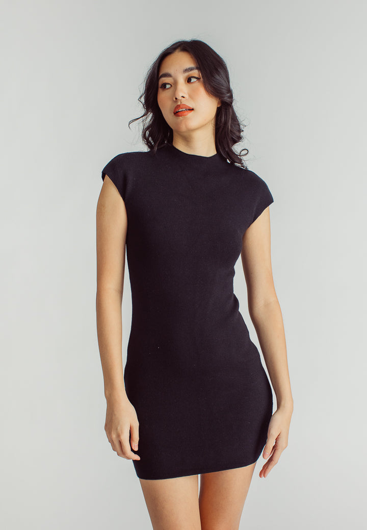 Nora Black Knitted Turtle Neck Short Sleeves Bodycon Mini Dress