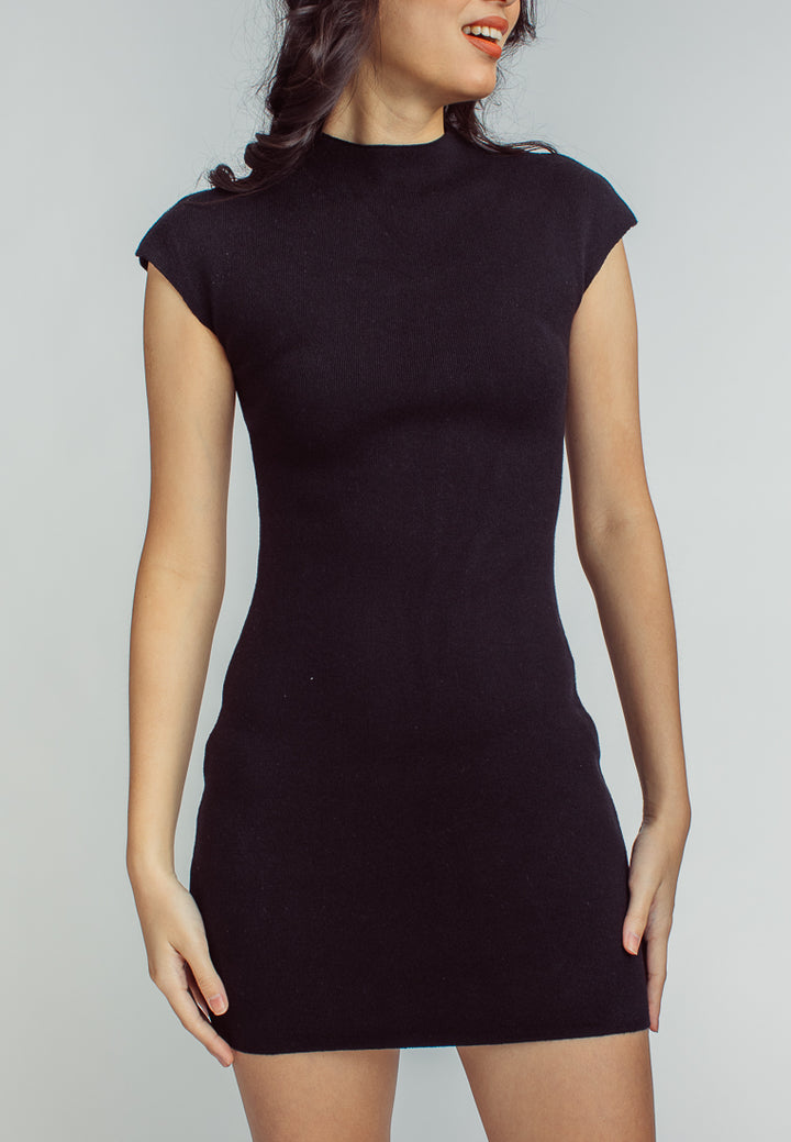 Nora Black Knitted Turtle Neck Short Sleeves Bodycon Mini Dress