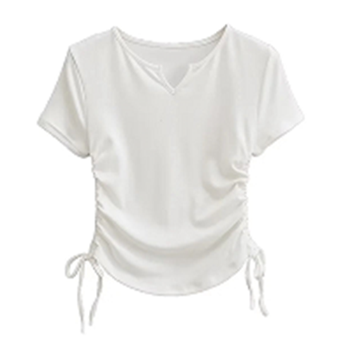 Beau White V Neck Short Sleeves Adjustable Sides Basic Top