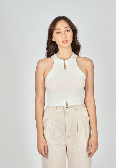 Maeve White Knitted Scoop Neck Keyhole Sleeveless Tank Top