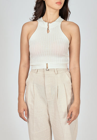 Maeve White Knitted Scoop Neck Keyhole Sleeveless Tank Top
