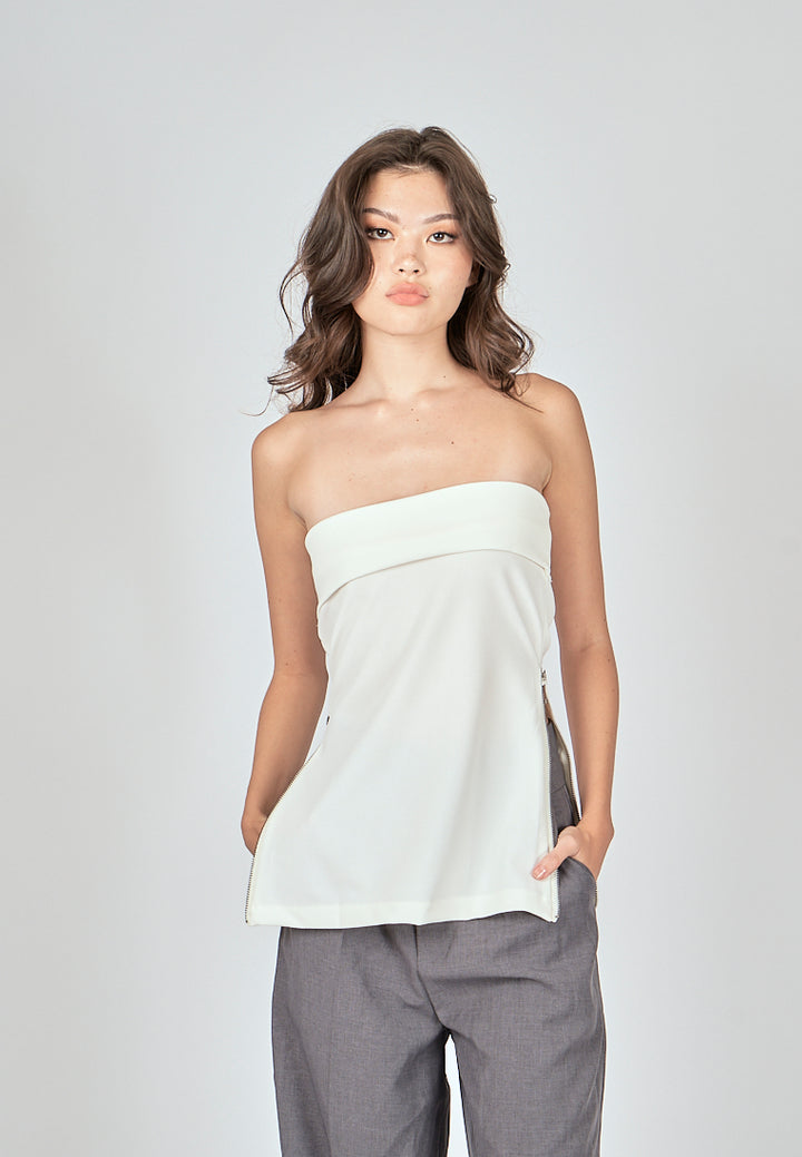 Zain White Folded Neckline Side Zippers Tube Top