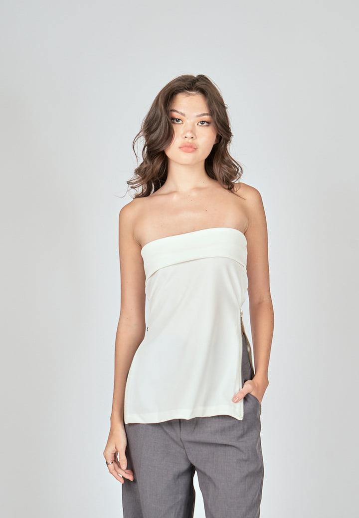 Zain White Folded Neckline Side Zippers Tube Top