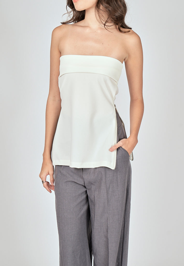 Zain White Folded Neckline Side Zippers Tube Top