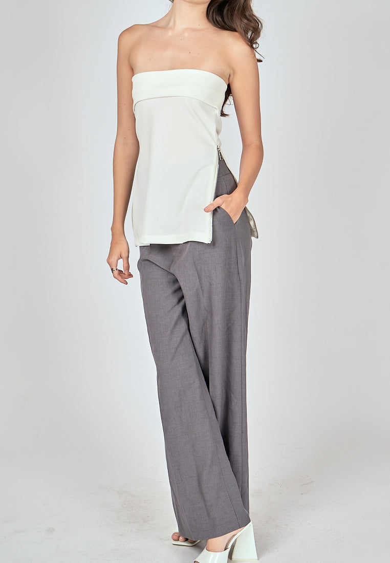 Zain White Folded Neckline Side Zippers Tube Top