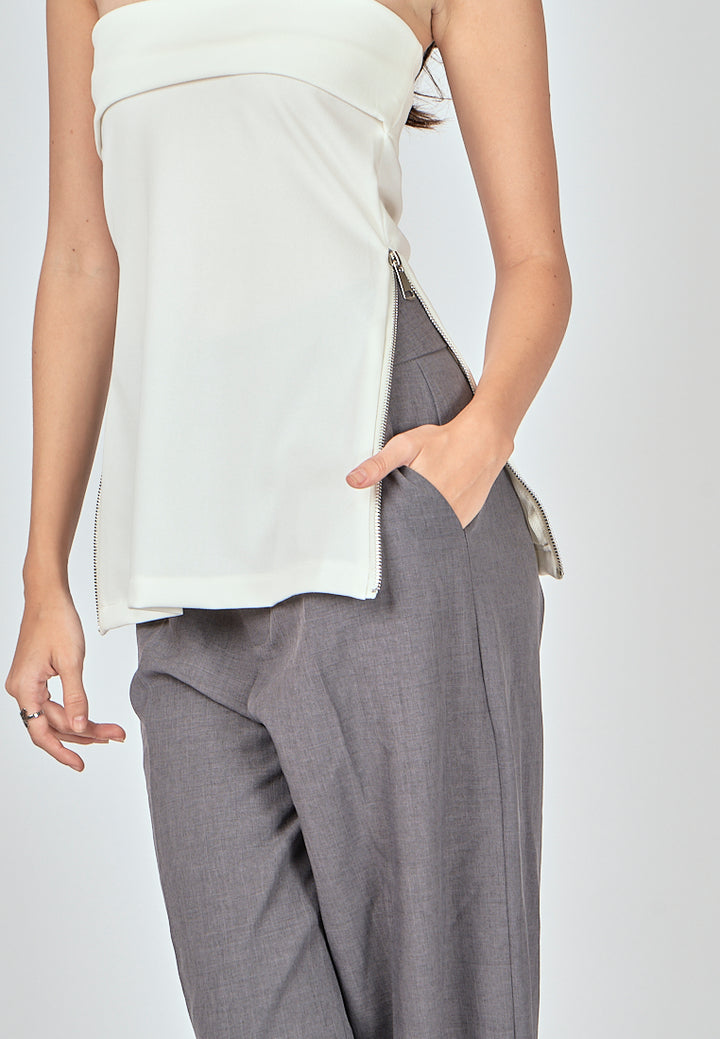 Zain White Folded Neckline Side Zippers Tube Top
