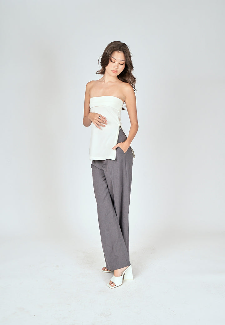 Zain White Folded Neckline Side Zippers Tube Top