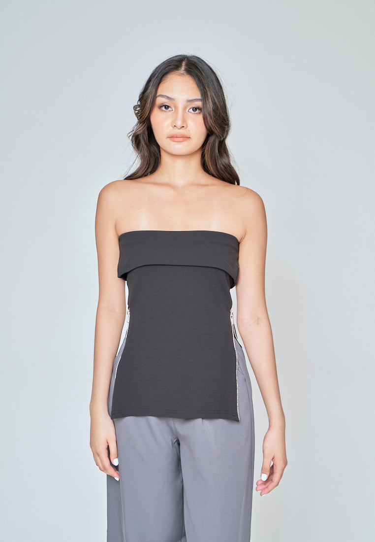 Zain Black Folded Neckline Side Zippers Tube Top
