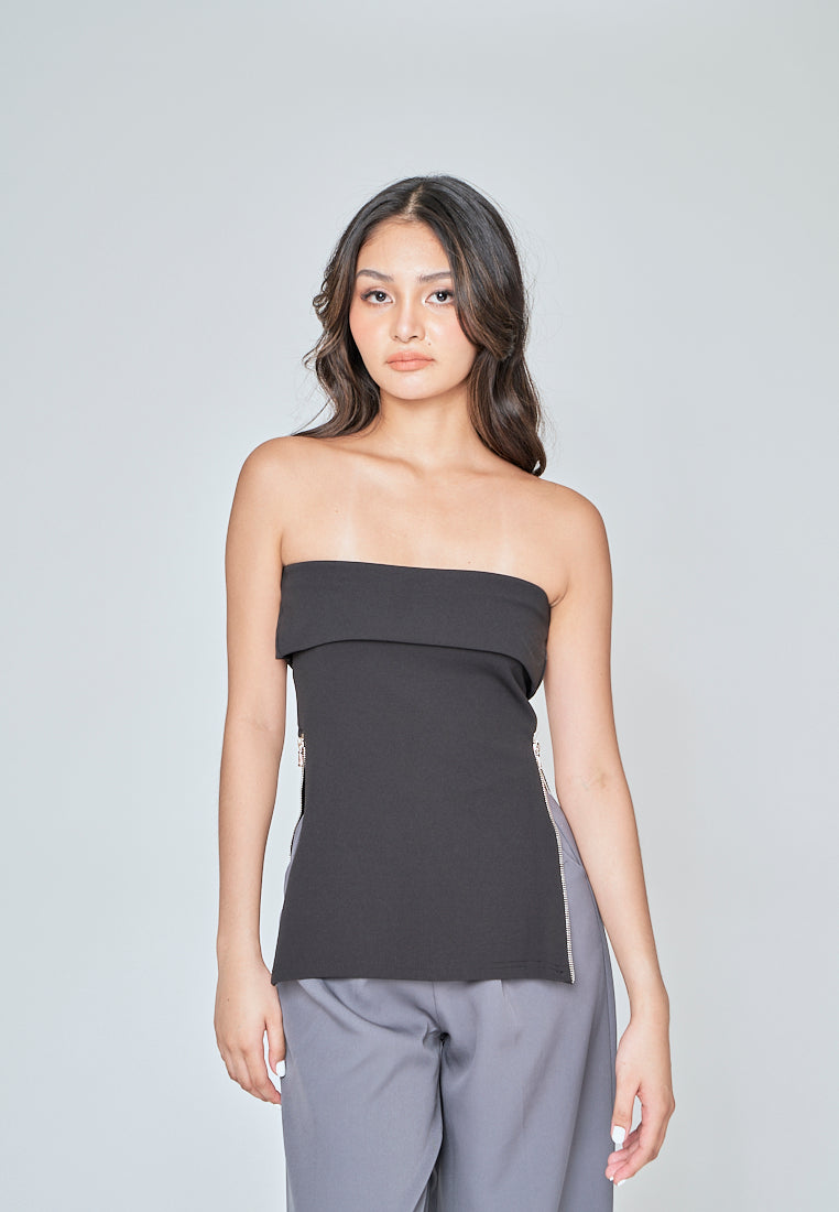 Zain Black Folded Neckline Side Zippers Tube Top