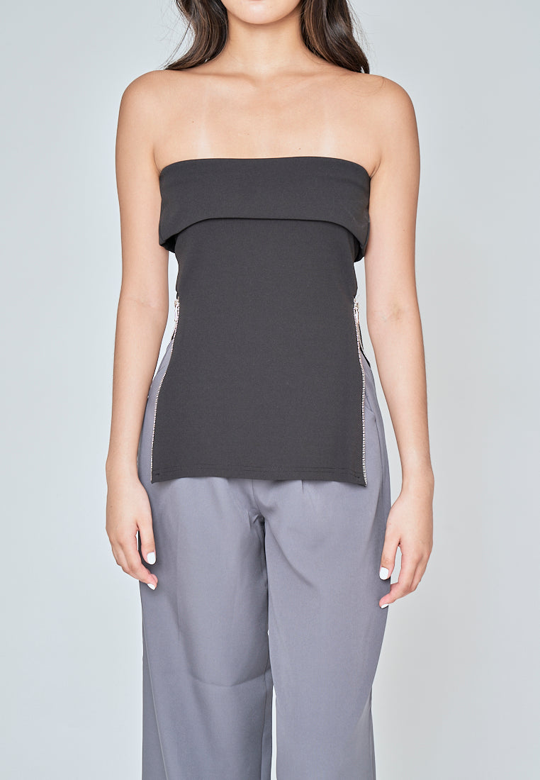 Zain Black Folded Neckline Side Zippers Tube Top