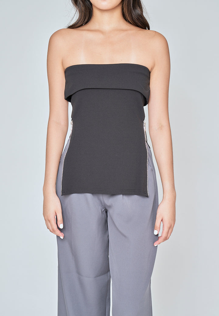 Zain Black Folded Neckline Side Zippers Tube Top