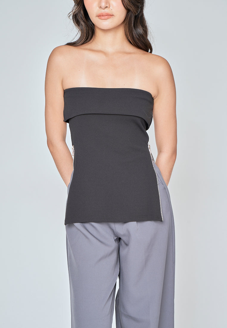 Zain Black Folded Neckline Side Zippers Tube Top