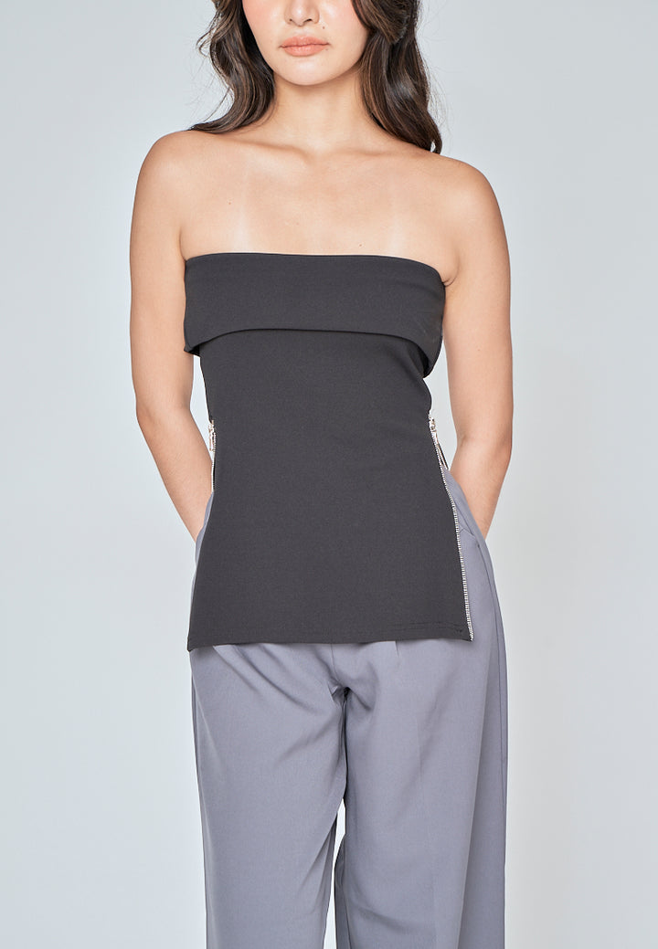 Zain Black Folded Neckline Side Zippers Tube Top