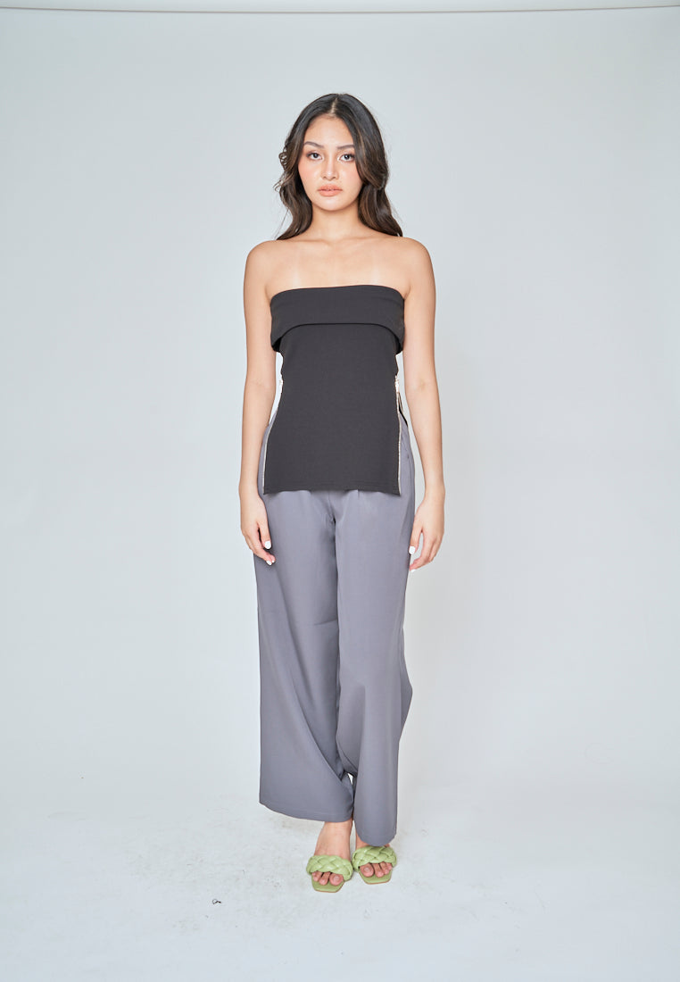 Zain Black Folded Neckline Side Zippers Tube Top