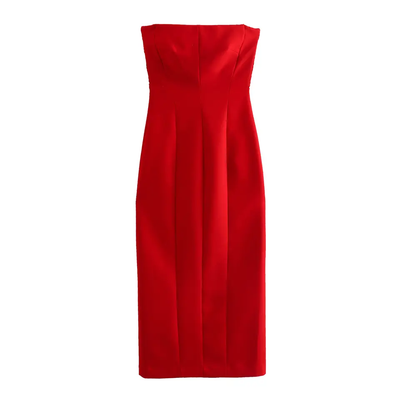 (PRE-ORDER: ETA February 25) Valentin Red Lined Smock Sides Zipper Back Slit Tube Midi Dress