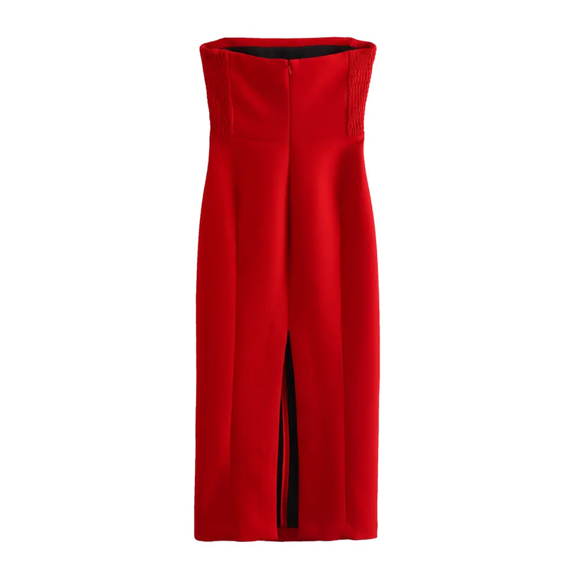 (PRE-ORDER: ETA February 25) Valentin Red Lined Smock Sides Zipper Back Slit Tube Midi Dress