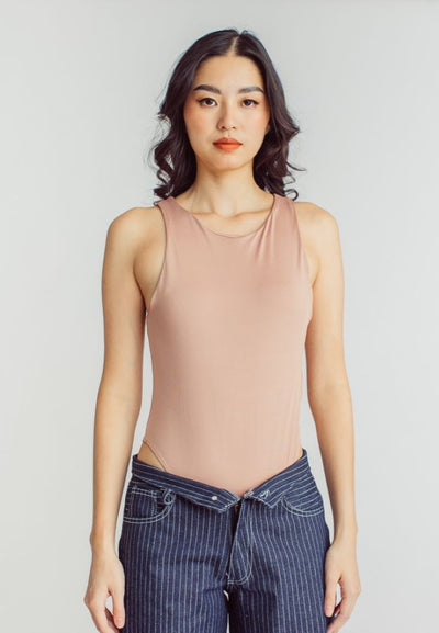 Barba Rose Taupe Round Neck Sleeveless Bodysuit