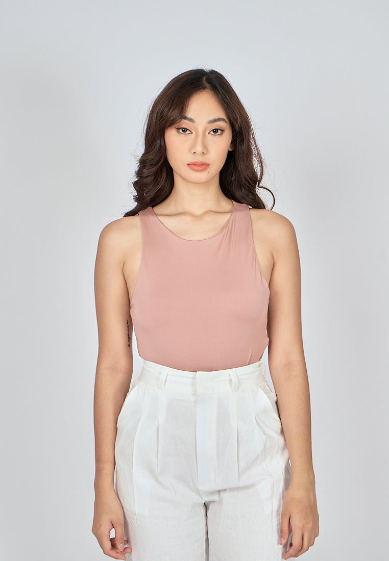 Barba Rose Taupe Round Neck Sleeveless Bodysuit