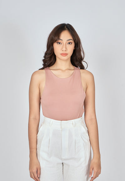 Barba Rose Taupe Round Neck Sleeveless Bodysuit