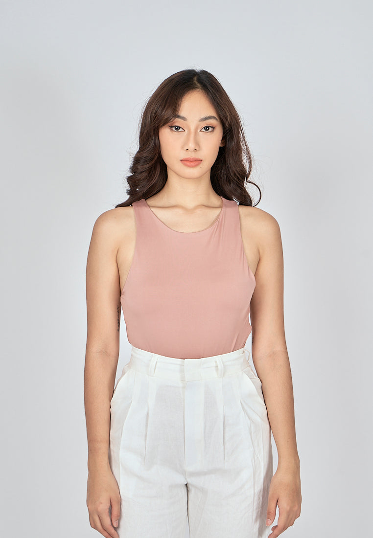 Barba Rose Taupe Round Neck Sleeveless Bodysuit
