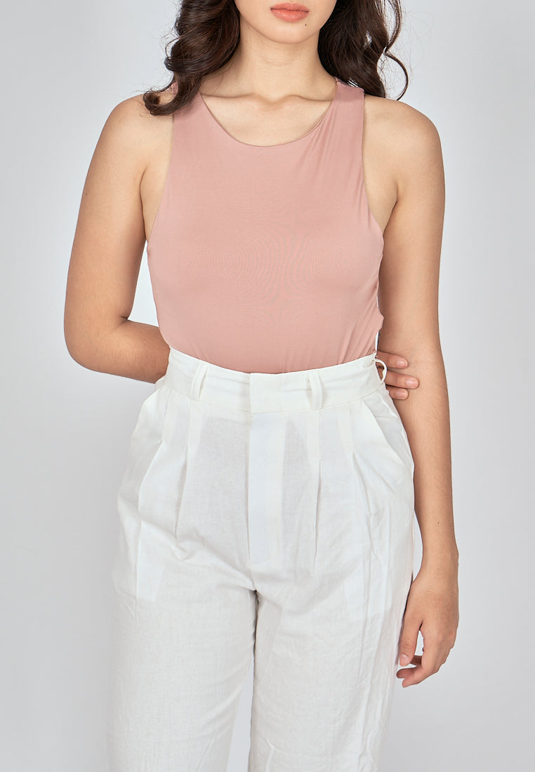 Barba Rose Taupe Round Neck Sleeveless Bodysuit