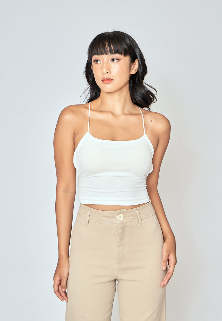 Haisley White Knitted Padded Sleeveless Criss Cross Back Tank Top