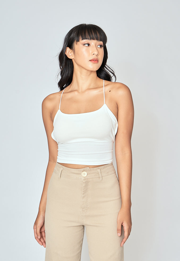 Haisley White Knitted Padded Sleeveless Criss Cross Back Tank Top