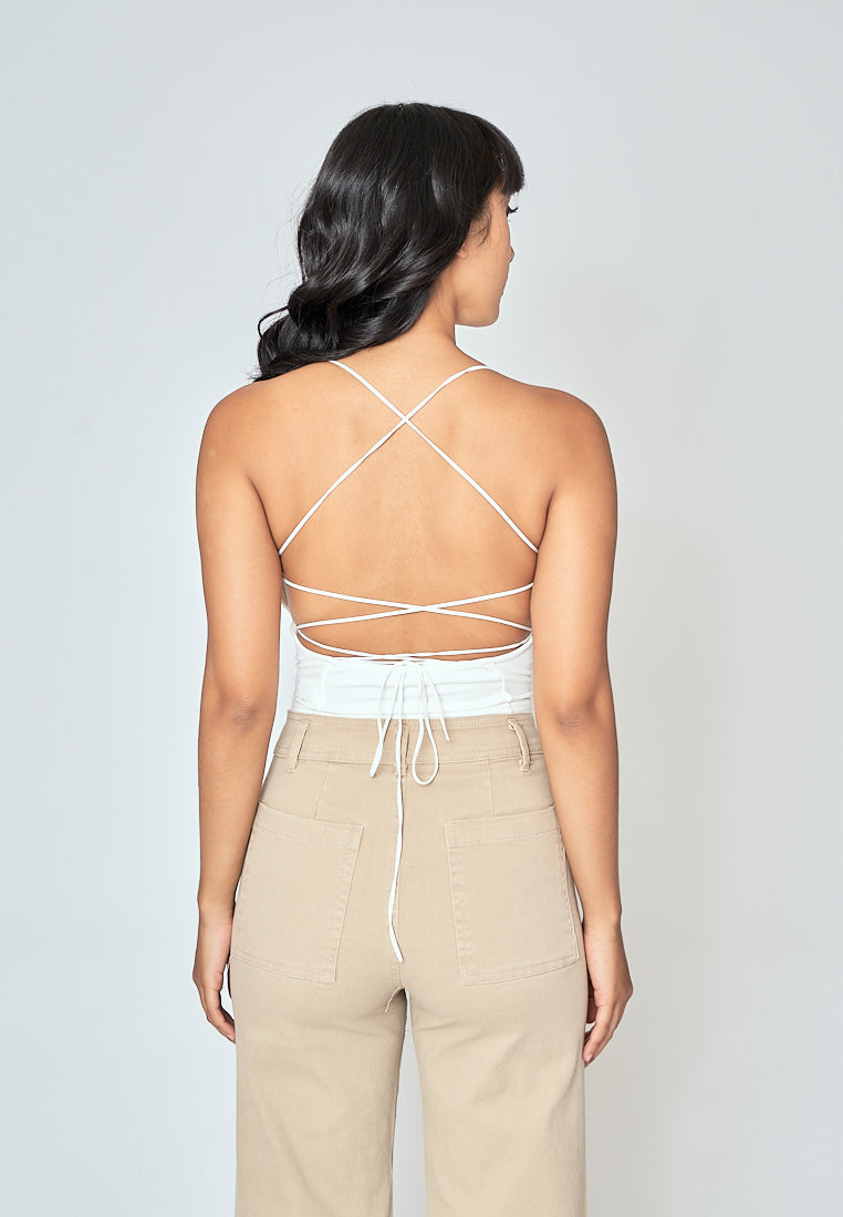 Haisley White Knitted Padded Sleeveless Criss Cross Back Tank Top