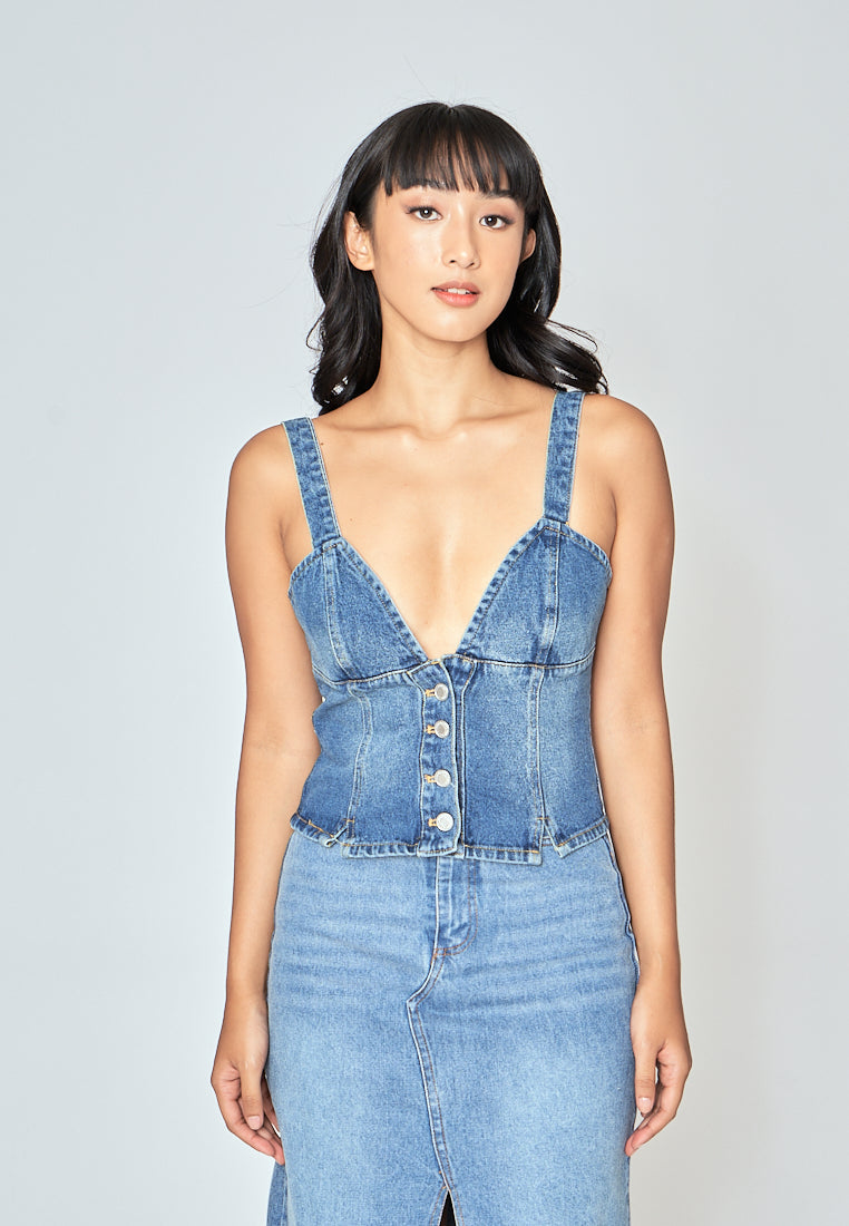 Kamryn Blue Denim V Neck Buttondown Sleeveless Top