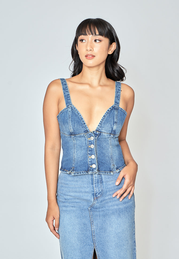 Kamryn Blue Denim V Neck Buttondown Sleeveless Top