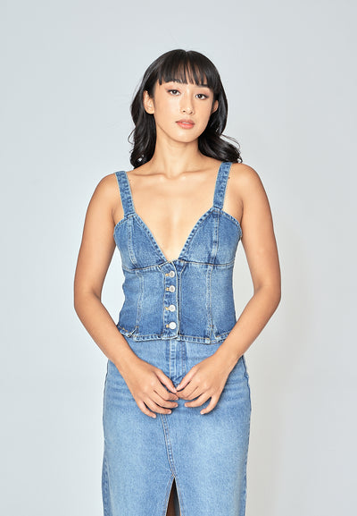 Kamryn Blue Denim V Neck Buttondown Sleeveless Top