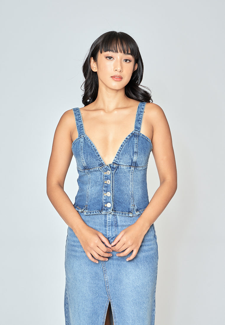 Kamryn Blue Denim V Neck Buttondown Sleeveless Top
