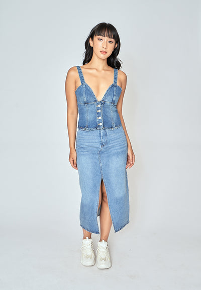Kamryn Blue Denim V Neck Buttondown Sleeveless Top