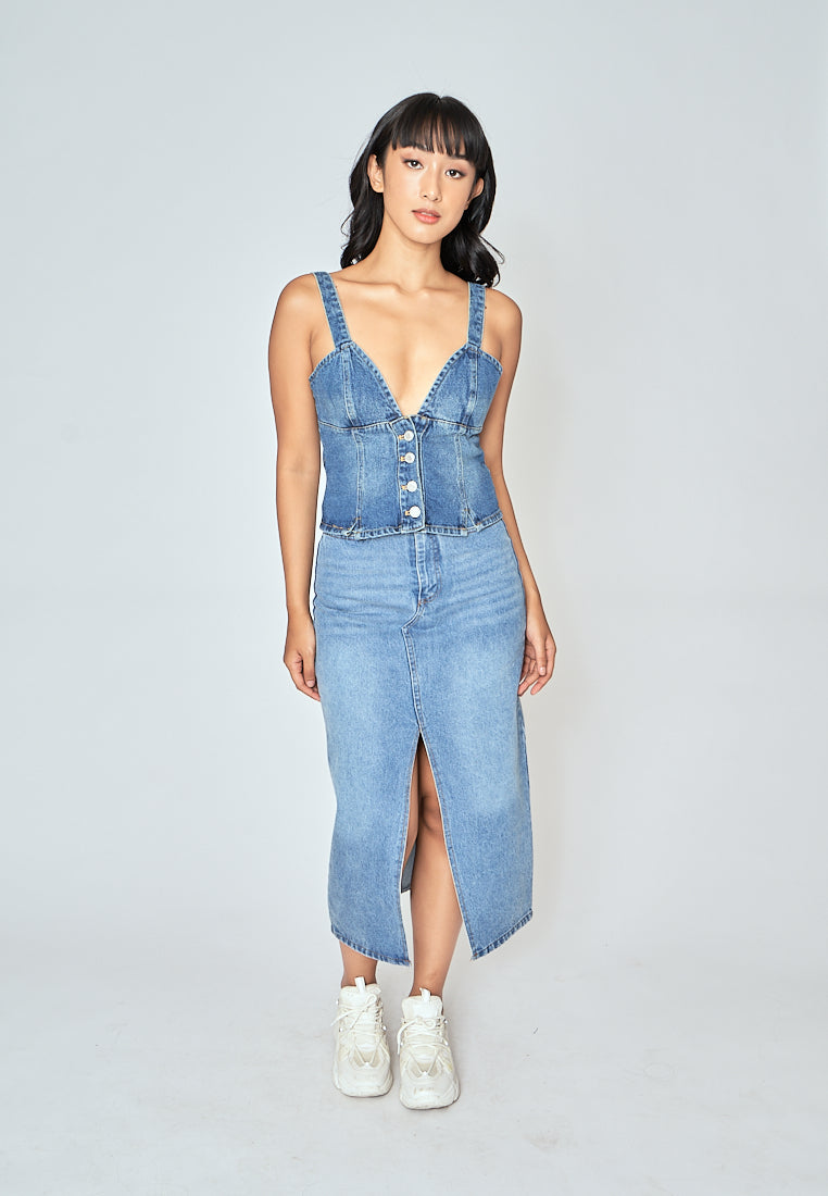 Kamryn Blue Denim V Neck Buttondown Sleeveless Top