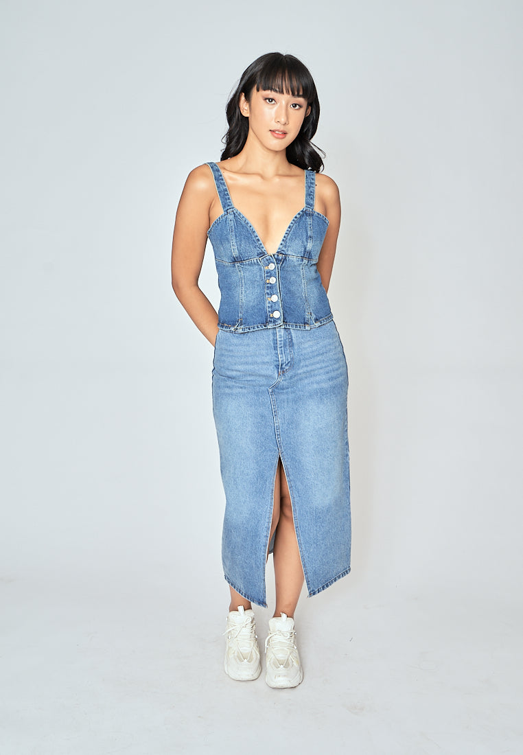 Kamryn Blue Denim V Neck Buttondown Sleeveless Top