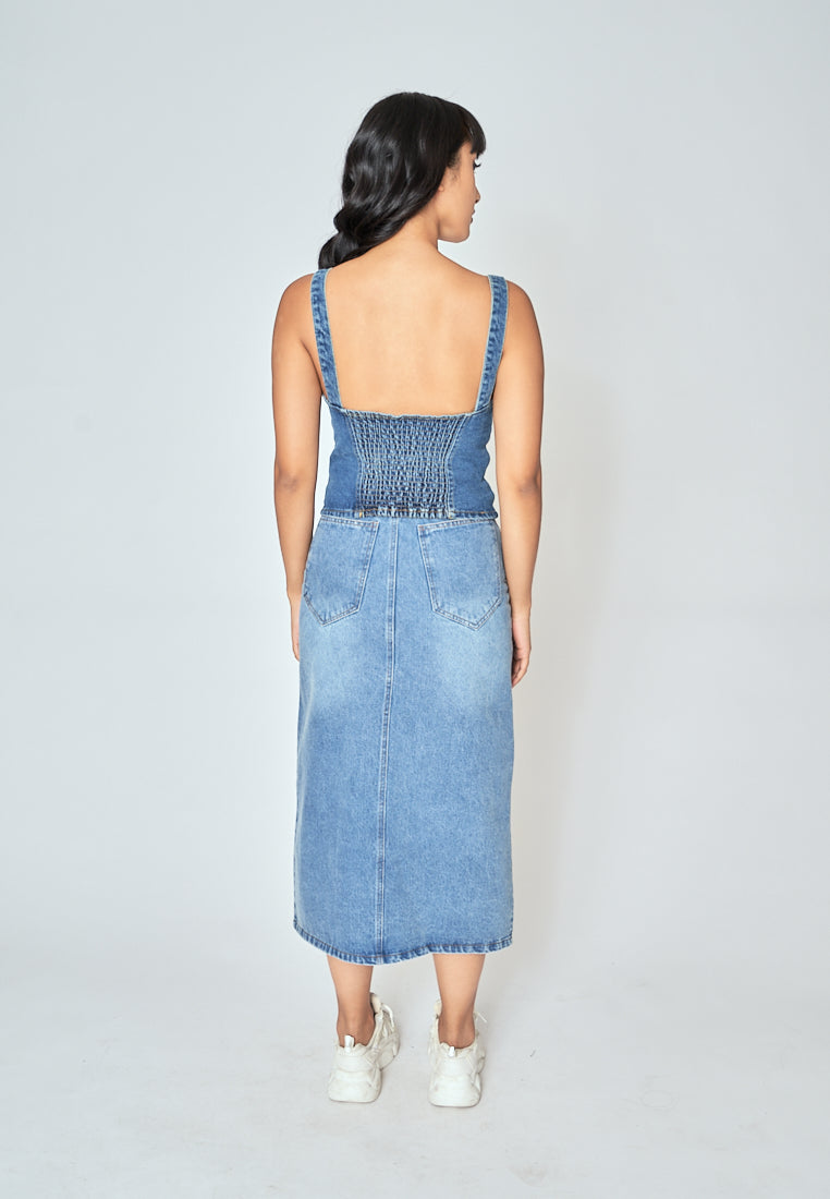 Kamryn Blue Denim V Neck Buttondown Sleeveless Top