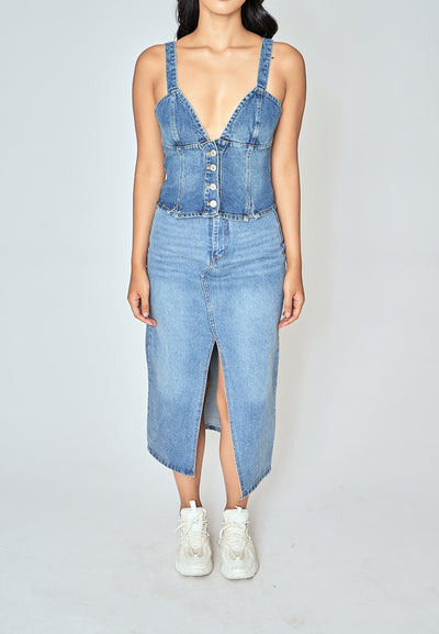 Kamryn Blue Denim V Neck Buttondown Sleeveless Top