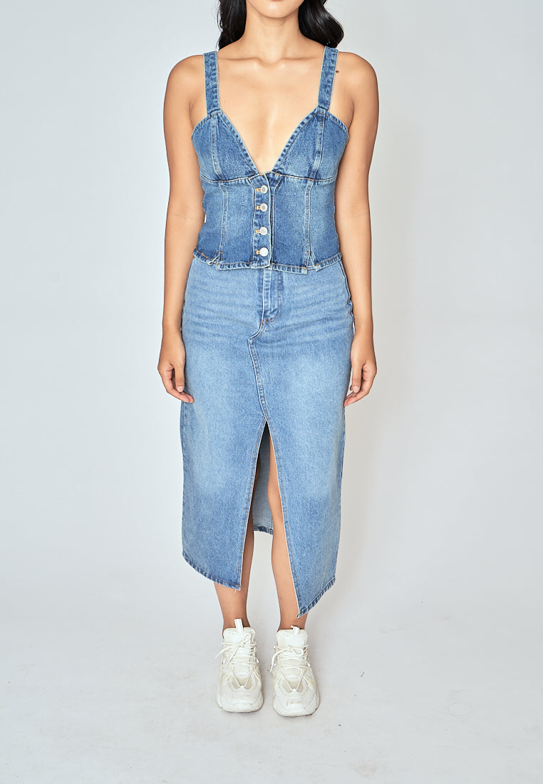 Kamryn Blue Denim V Neck Buttondown Sleeveless Top