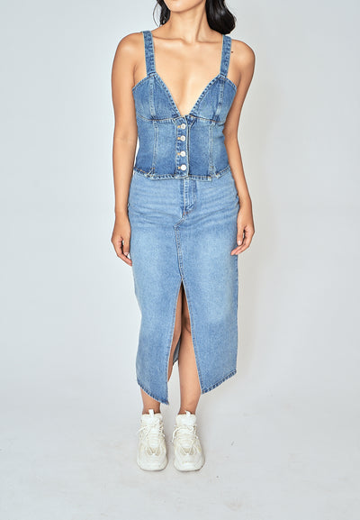 Kamryn Blue Denim V Neck Buttondown Sleeveless Top