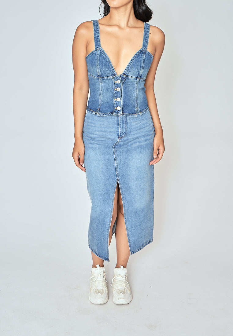 Kamryn Blue Denim V Neck Buttondown Sleeveless Top