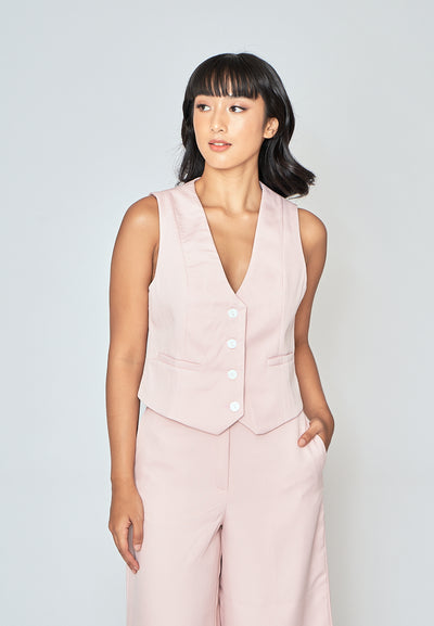 Jada Blush Pink V Neck Waistcoat Button Sleeveless Vest Top