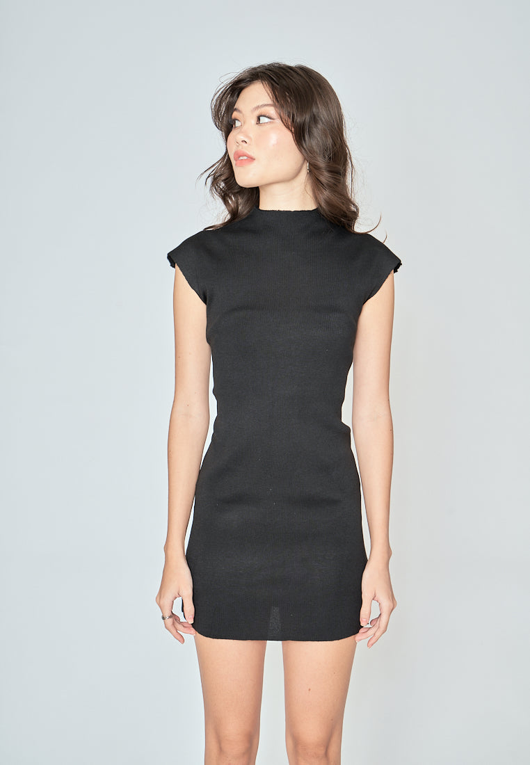 Levy Black Knitted Turtle Neck Short Sleeves Bodycon Mini Dress