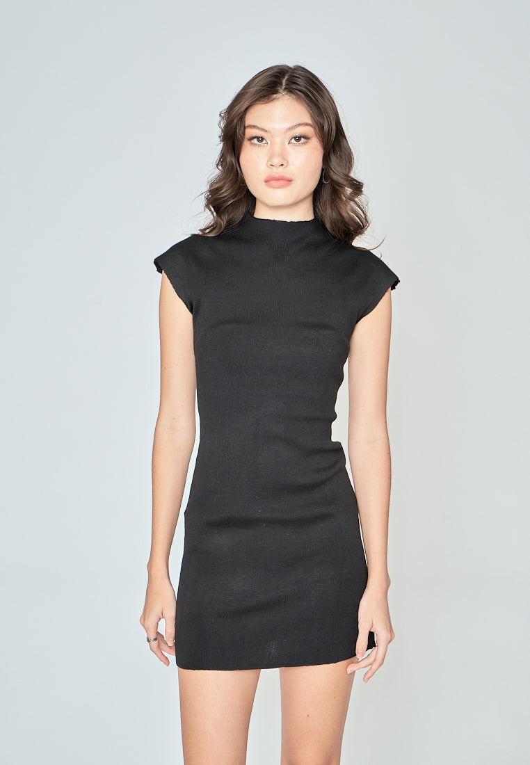 Levy Black Knitted Turtle Neck Short Sleeves Bodycon Mini Dress