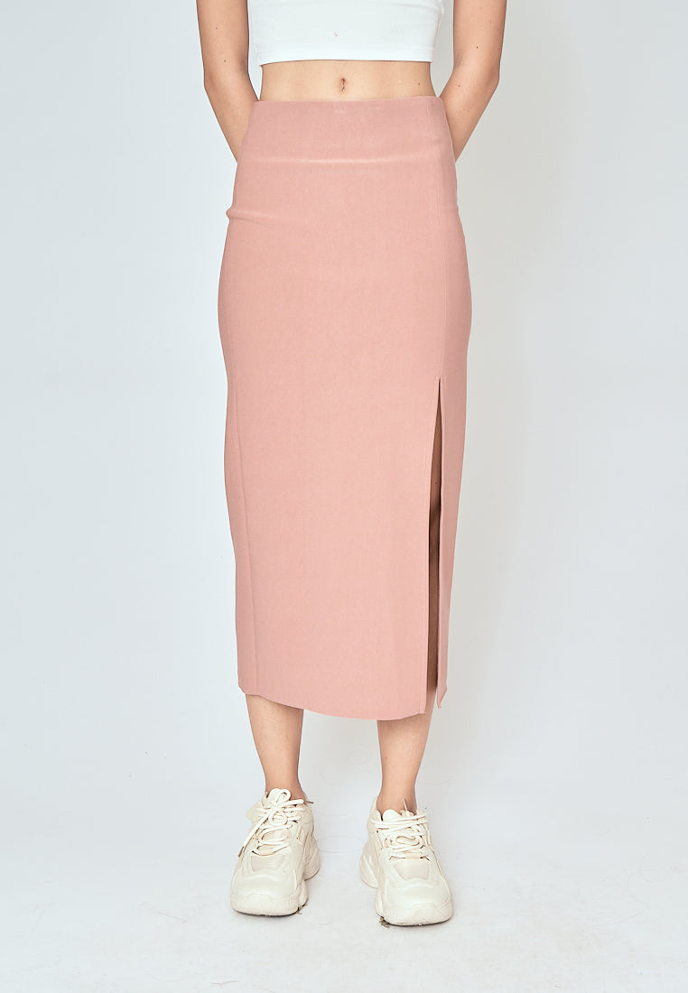 Kally Rose Pink Straight Cut Side Slit Midi Skirt
