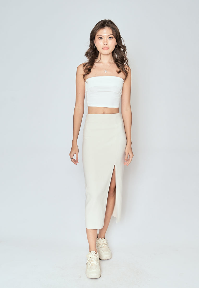 Kally Off White Straight Cut Side Slit Midi Skirt