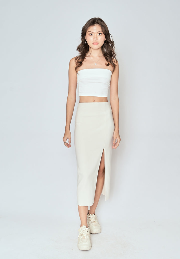 Kally Off White Straight Cut Side Slit Midi Skirt