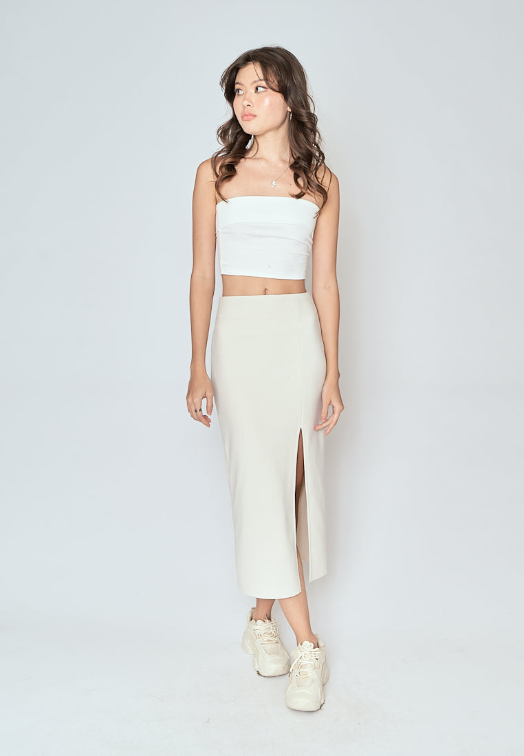 Kally Off White Straight Cut Side Slit Midi Skirt