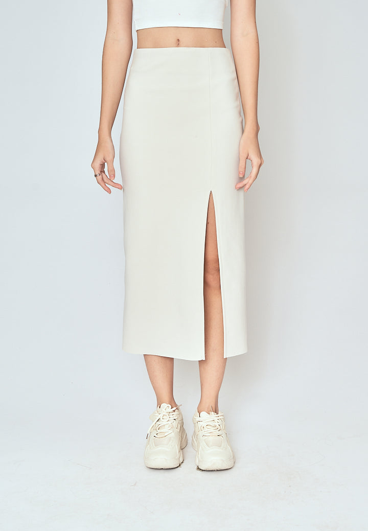Kally Off White Straight Cut Side Slit Midi Skirt